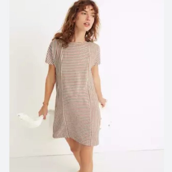 Madewell G5305 Rust White Stripe Play Button Back Linen Blend Dress Size Small - Picture 1 of 15